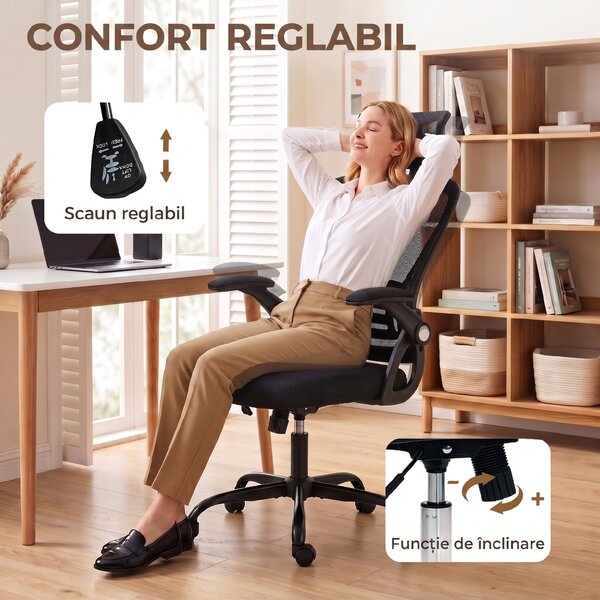 HOMCOM Scaun de Birou Ergonomic cu Brațe Rabatabile, Tetieră și Înălțime Reglabile, din Plasă Respirabilă, Negru | Aosom Romania