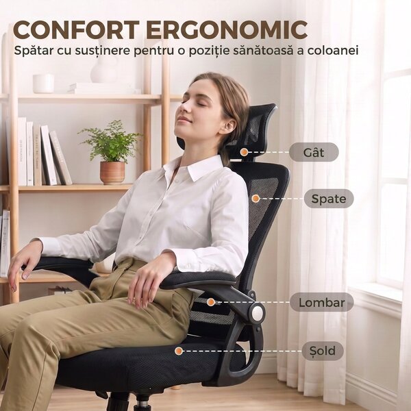 HOMCOM Scaun de Birou Ergonomic cu Brațe Rabatabile, Tetieră și Înălțime Reglabile, din Plasă Respirabilă, Negru | Aosom Romania