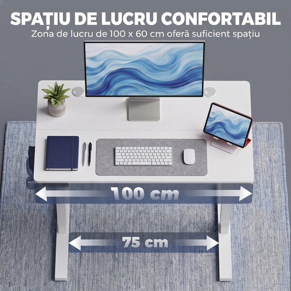 HOMCOM Birou Reglabil Electric cu 3 Memorii, Display LED, Orificiu Cabluri, PAL, 100x60x72-118 cm, Alb | Aosom Romania