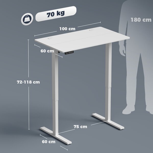 HOMCOM Birou Reglabil Electric cu 3 Memorii, Display LED, Orificiu Cabluri, PAL, 100x60x72-118 cm, Alb | Aosom Romania