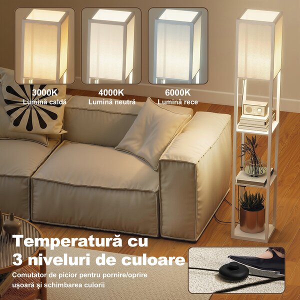 HOMCOM Lampă de Podea LED cu Rafturi, Lampă Modernă cu Comutator cu Pedală și Porturi USB, Temperatură de Culoare Reglabilă pentru Living și Dormitor, Alb | Aosom Romania