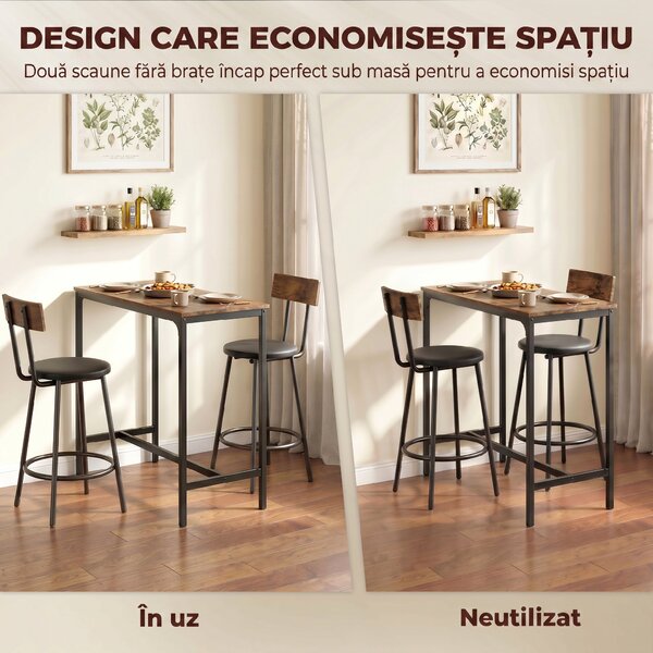HOMCOM Set Masă de Bar cu 2 Scaune Înalte, Spătar, Suport pentru Picioare, MDF, Metal, 100x40x90,5 cm, Maro Rustic | Aosom Romania
