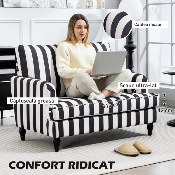 HOMCOM Fotoliu de Living cu Șezut Larg și Cotiere Lungi, Fotoliu din Catifea cu Dungi și Umplutură Groasă, 115x82x82 cm, Negru și Alb | Aosom Romania
