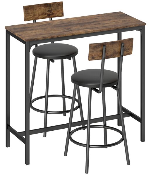 HOMCOM Set Masă de Bar cu 2 Scaune Înalte, Spătar, Suport pentru Picioare, MDF, Metal, 100x40x90,5 cm, Maro Rustic | Aosom Romania