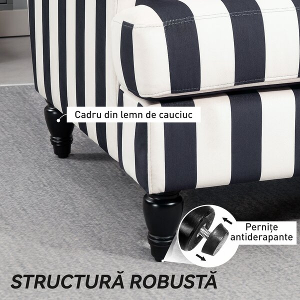 HOMCOM Fotoliu de Living cu Șezut Larg și Cotiere Lungi, Fotoliu din Catifea cu Dungi și Umplutură Groasă, 115x82x82 cm, Negru și Alb | Aosom Romania