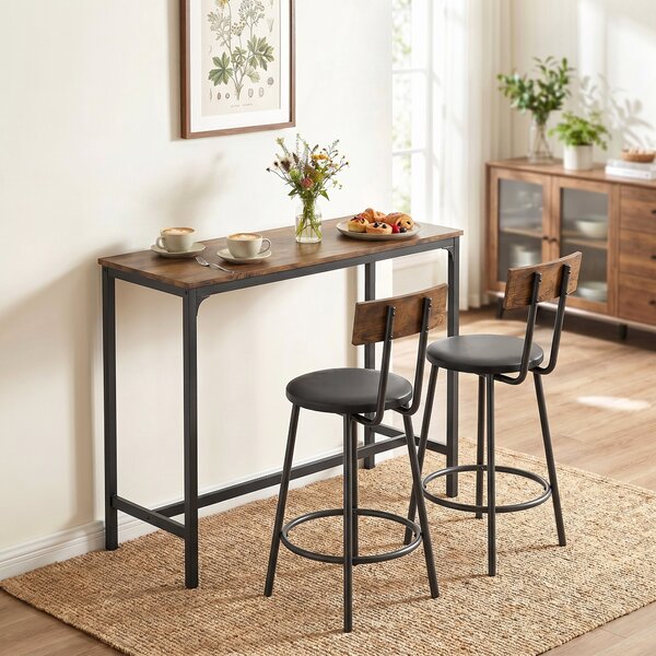 HOMCOM Set Masă de Bar cu 2 Scaune Înalte, Spătar, Suport pentru Picioare, MDF, Metal, 100x40x90,5 cm, Maro Rustic | Aosom Romania
