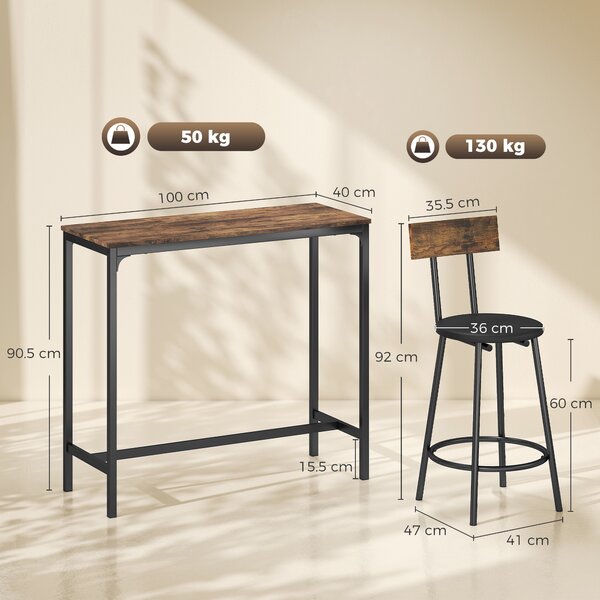 HOMCOM Set Masă de Bar cu 2 Scaune Înalte, Spătar, Suport pentru Picioare, MDF, Metal, 100x40x90,5 cm, Maro Rustic | Aosom Romania