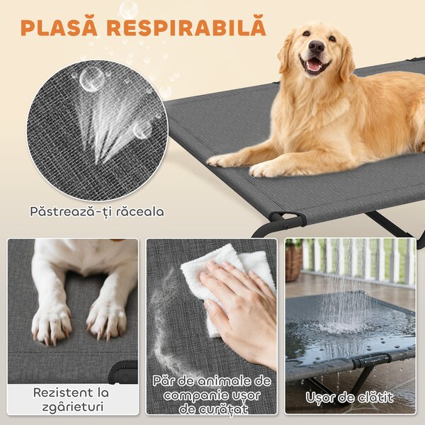 PawHut Pat Ridicat pentru Câini de Talie Mare, Targă Portabilă din Oțel și Plasă Respirabilă, Ușor de Montat, Gri, 152x94x23 cm | Aosom Romania