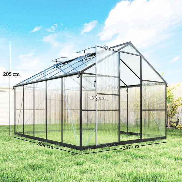 Seră de grădină Outsunny din aluminiu și policarbonat, 7,5㎡, cu ușă cu balamale, 2 ferestre reglabile, sistem de drenaj, anti-UV, 304x247x205cm, negru | Aosom Romania