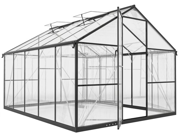 Seră de grădină Outsunny din aluminiu și policarbonat, 7,5㎡, cu ușă cu balamale, 2 ferestre reglabile, sistem de drenaj, anti-UV, 304x247x205cm, negru | Aosom Romania