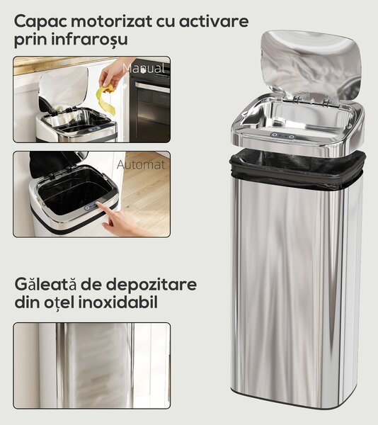 HOMCOM Cos de gunoi cu senzor 50L inox elegant | Aosom Romania