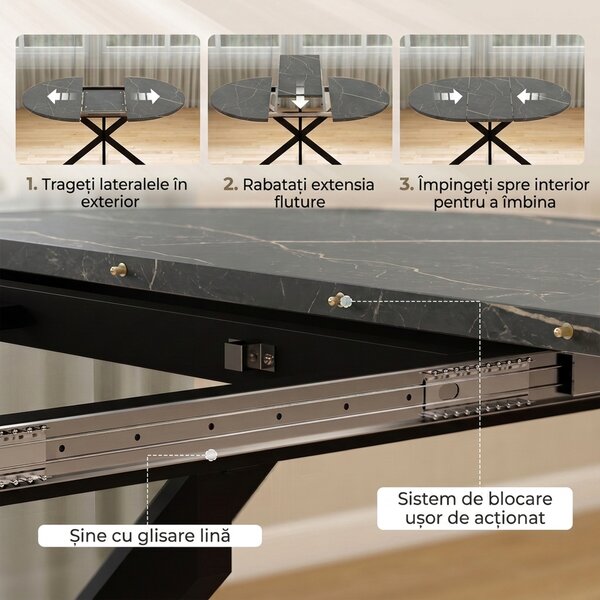 HOMCOM Masă de Sufragerie Extensibilă pentru 4-6 Persoane cu Picior în Formă de X, Negru | Aosom Romania