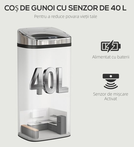 HOMCOM Cos de gunoi cu senzor 50L inox elegant | Aosom Romania