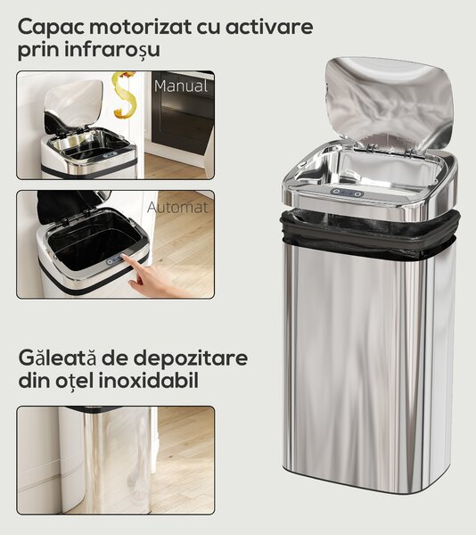 HOMCOM Cos de gunoi cu senzor 30L inox elegant | Aosom Romania