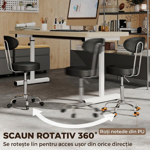 HOMCOM Scaun Reglabil Rotativ a 360°con Spătar Și Șezut Tapițate, Negru | Aosom Romania