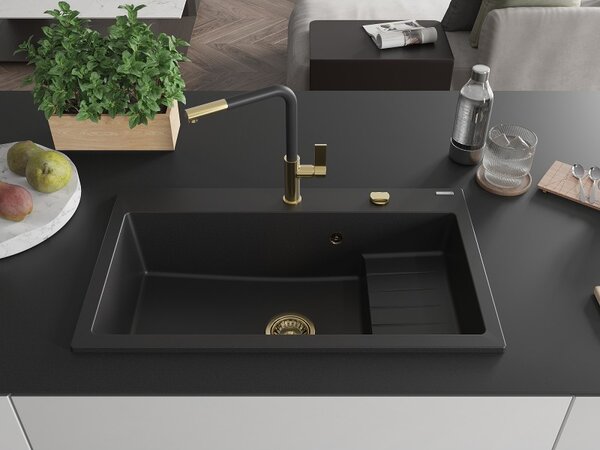 Mexen Omar, chiuveta granit cu 1 camera 800x480x210 mm, negru, sifon auriu, 6520801005-77-G