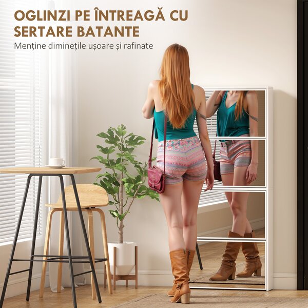 HOMCOM Dulap pentru Pantofi Economizor de Spațiu cu 4 Uși cu Oglindă 63x17x146 cm Alb | Aosom Romania