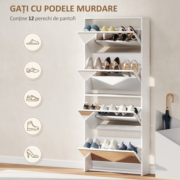 HOMCOM Dulap pentru Pantofi Economizor de Spațiu cu 4 Uși cu Oglindă 63x17x146 cm Alb | Aosom Romania