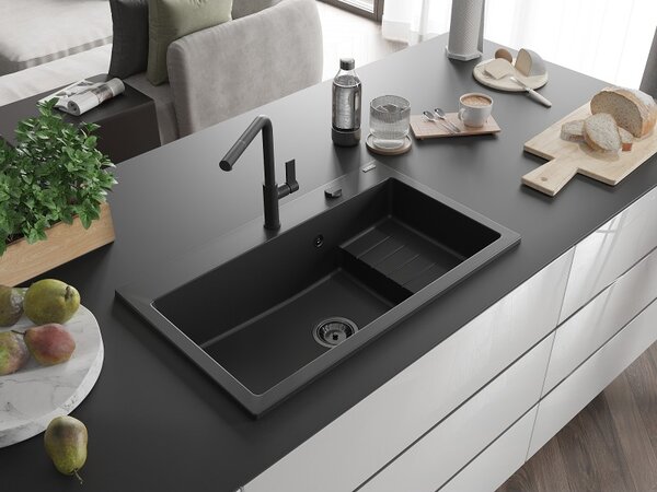 Mexen Omar, chiuveta granit cu 1 camera 800x480x210 mm, negru, sifon grafit, 6520801005-77-B