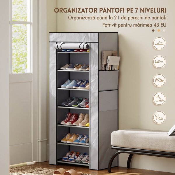 HOMCOM Pantofar cu 7 rafturi din oțel, cu husă din material nețesut, 60 x 30 x 126 cm, gri | Aosom Romania