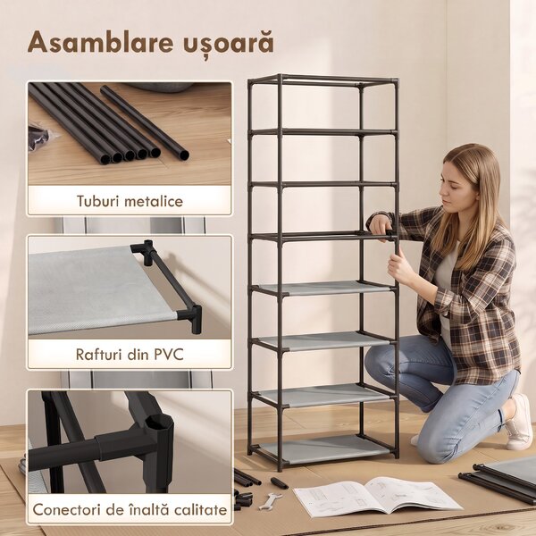 HOMCOM Pantofar cu 7 rafturi din oțel, cu husă din material nețesut, 60 x 30 x 126 cm, gri | Aosom Romania