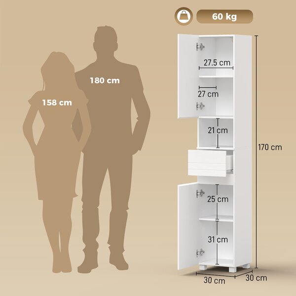 HOMCOM Dulap Baie Înalt, Economisire Spațiu, cu Sertar, Alb Lucios | Aosom Romania