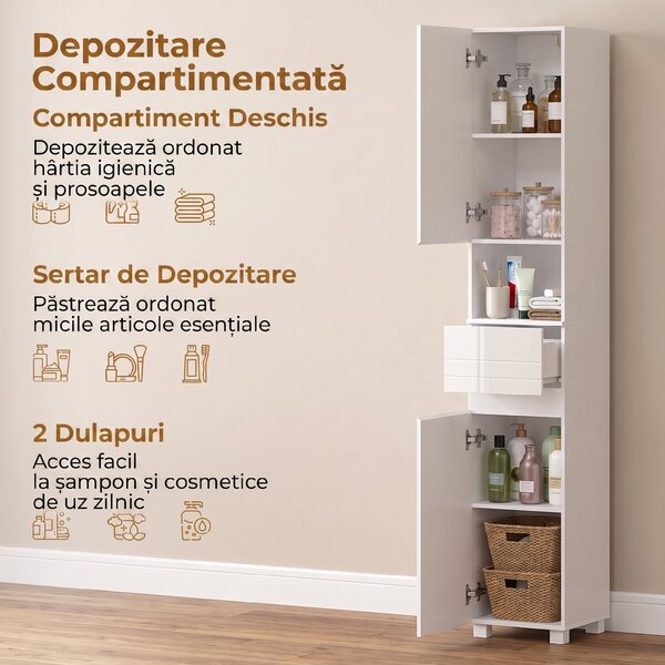 HOMCOM Dulap Baie Înalt, Economisire Spațiu, cu Sertar, Alb Lucios | Aosom Romania