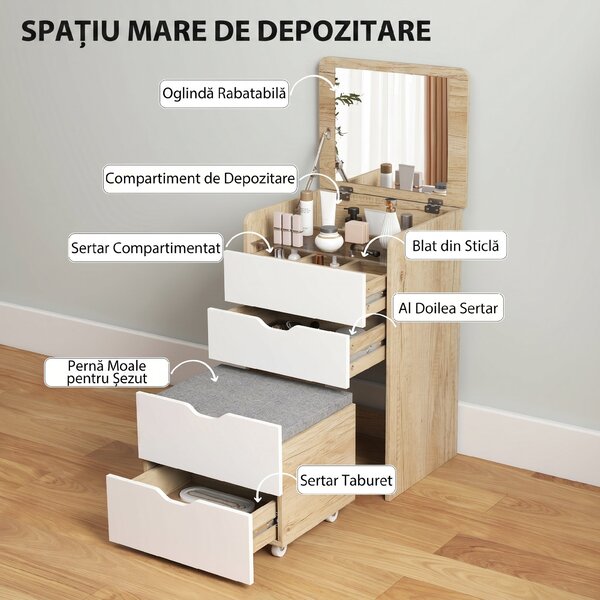HOMCOM Măsuță de Toaletă cu Oglindă Rabatabilă și Scaun, Compactă, Stejar și Alb | Aosom Romania