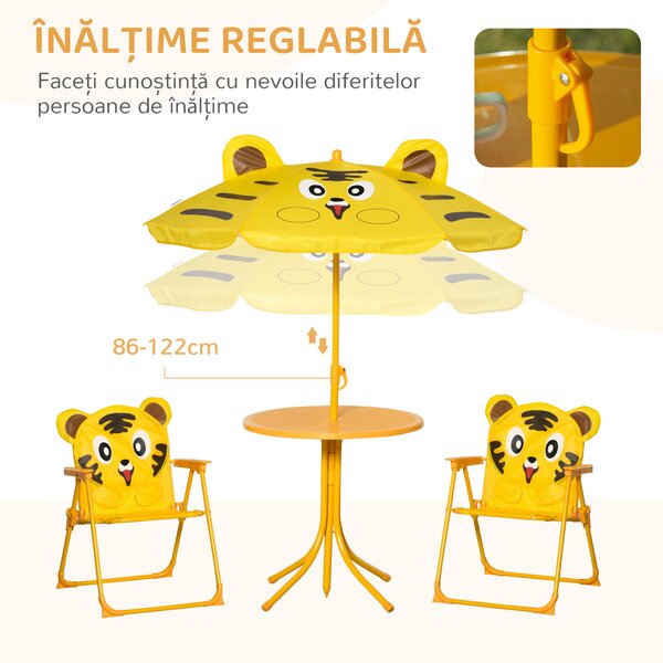 Outsunny Set de Grădină 4 Piese pentru Copii cu Model Tigru și Măsuță Rotundă, 2 Scaune Pliabile și o Umbrelă Reglabilă, Măsuță cu Scaune pentru Copii 3-6 Ani de Exterior, Galben | Aosom Romania