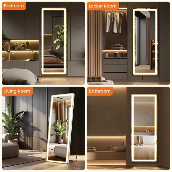 Oglindă LED Dreptunghiulară, 3 tipuri de Culoare, Intensitate reglabilă, Control Touch, Sticlă HD, Cadru Aluminiu, cu Suport, 160x50 cm
