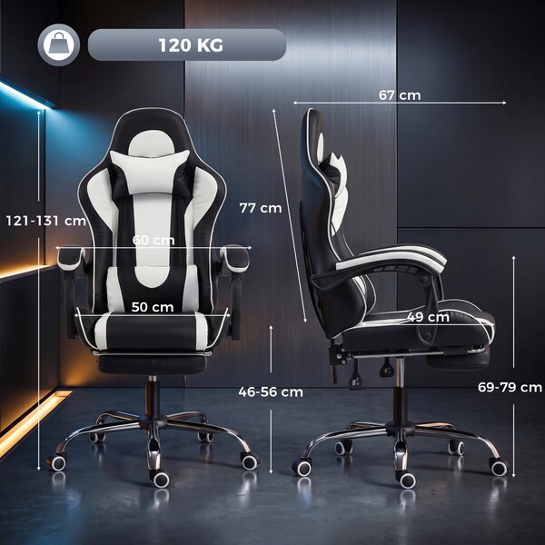 HOMCOM Scaun Gaming Ergonomic cu Masaj, Suport Lombar Reglabil, Piele Ecologică, Suport Picioare, Alb | Aosom Romania