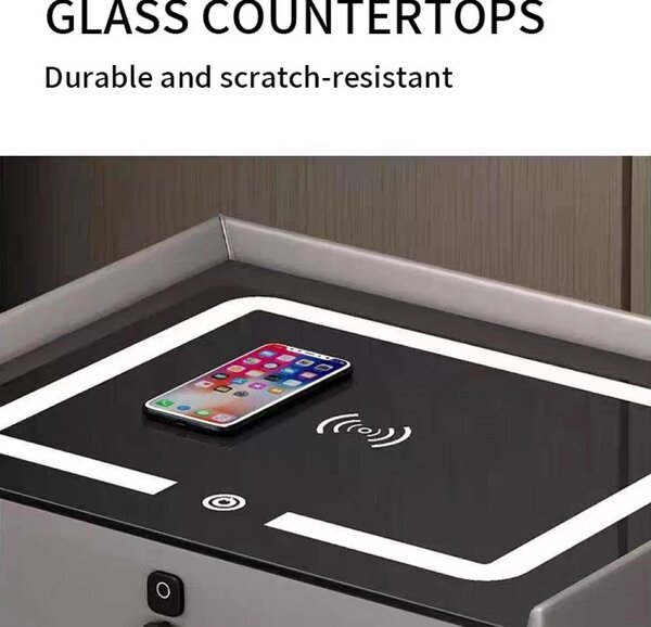RESIGILAT- Noptieră inteligentă multifuncțională, 3 sertare, blocare cu amprentă, LED-uri tactile, 3 tipuri de culoare, încărcare fără fir, Difuzor Bluetooth, incarcare USB, sticla securizata, Gri