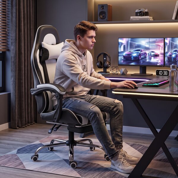 HOMCOM Scaun Gaming Ergonomic cu Masaj, Suport Lombar Reglabil, Piele Ecologică, Suport Picioare, Alb | Aosom Romania