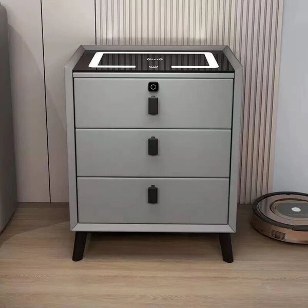RESIGILAT- Noptieră inteligentă multifuncțională, 3 sertare, blocare cu amprentă, LED-uri tactile, 3 tipuri de culoare, încărcare fără fir, Difuzor Bluetooth, incarcare USB, sticla securizata, Gri