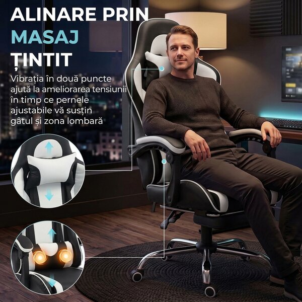 HOMCOM Scaun Gaming Ergonomic cu Masaj, Suport Lombar Reglabil, Piele Ecologică, Suport Picioare, Alb | Aosom Romania