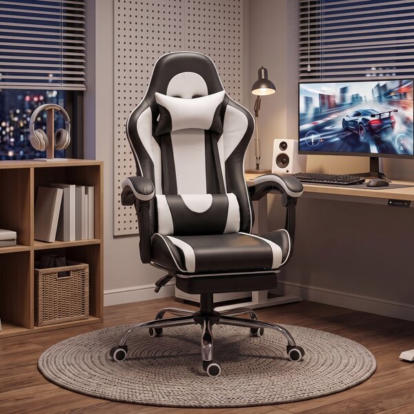 HOMCOM Scaun Gaming Ergonomic cu Masaj, Suport Lombar Reglabil, Piele Ecologică, Suport Picioare, Alb | Aosom Romania