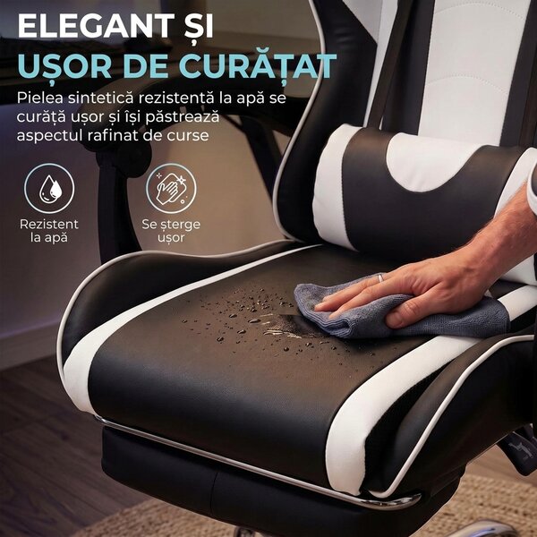 HOMCOM Scaun Gaming Ergonomic cu Masaj, Suport Lombar Reglabil, Piele Ecologică, Suport Picioare, Alb | Aosom Romania