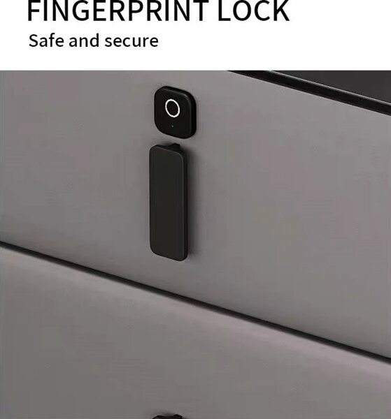 RESIGILAT- Noptieră inteligentă multifuncțională, 3 sertare, blocare cu amprentă, LED-uri tactile, 3 tipuri de culoare, încărcare fără fir, Difuzor Bluetooth, incarcare USB, sticla securizata, Gri