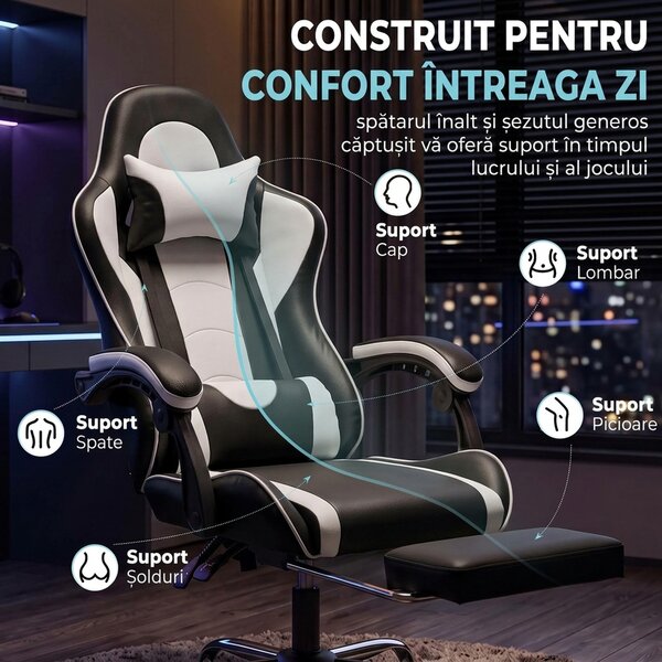 HOMCOM Scaun Gaming Ergonomic cu Masaj, Suport Lombar Reglabil, Piele Ecologică, Suport Picioare, Alb | Aosom Romania