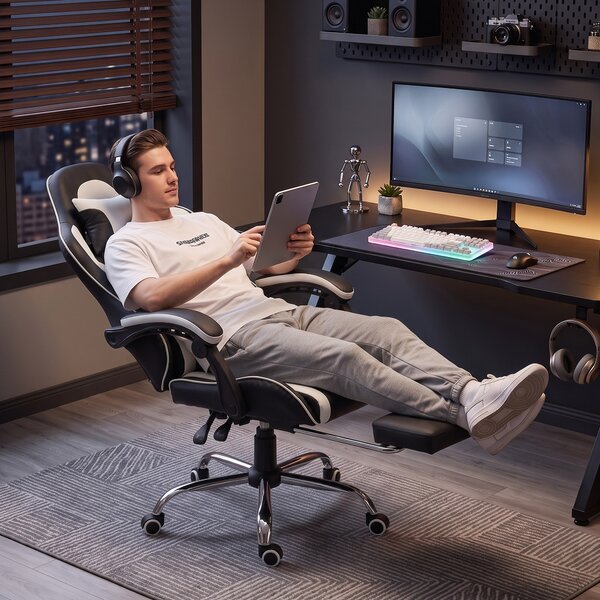 HOMCOM Scaun Gaming Ergonomic cu Masaj, Suport Lombar Reglabil, Piele Ecologică, Suport Picioare, Alb | Aosom Romania