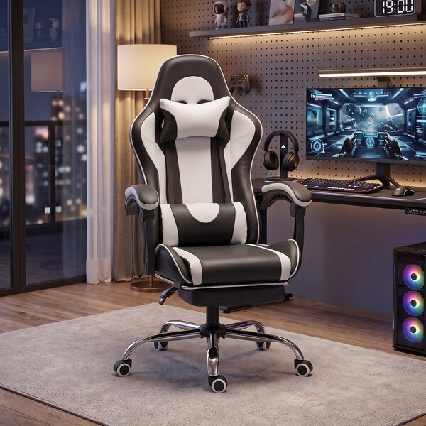HOMCOM Scaun Gaming Ergonomic cu Masaj, Suport Lombar Reglabil, Piele Ecologică, Suport Picioare, Alb | Aosom Romania