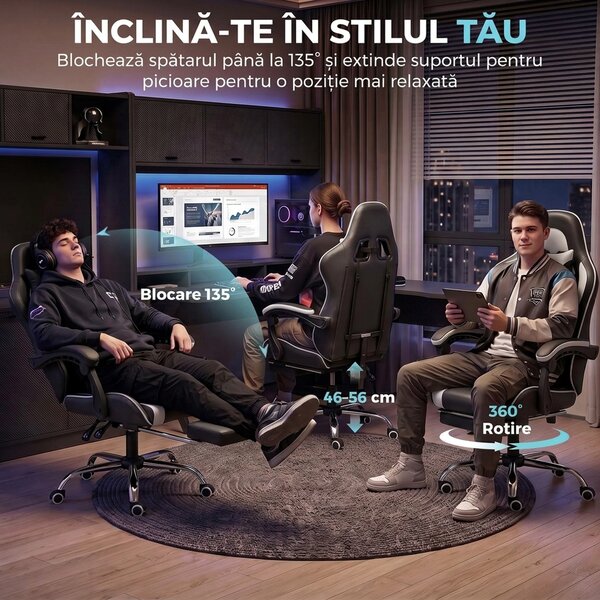 HOMCOM Scaun Gaming Ergonomic cu Masaj, Suport Lombar Reglabil, Piele Ecologică, Suport Picioare, Alb | Aosom Romania