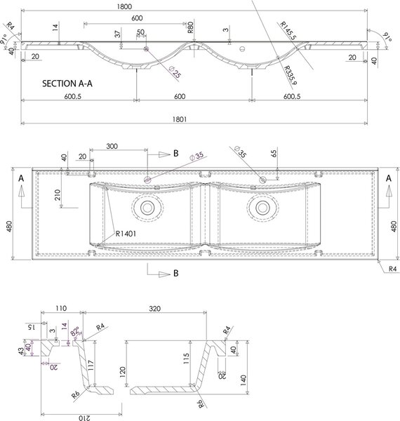 Sapho Luciola lavoar 180x48 cm dreptunghiular mobilier-dublă alb luciu 50184