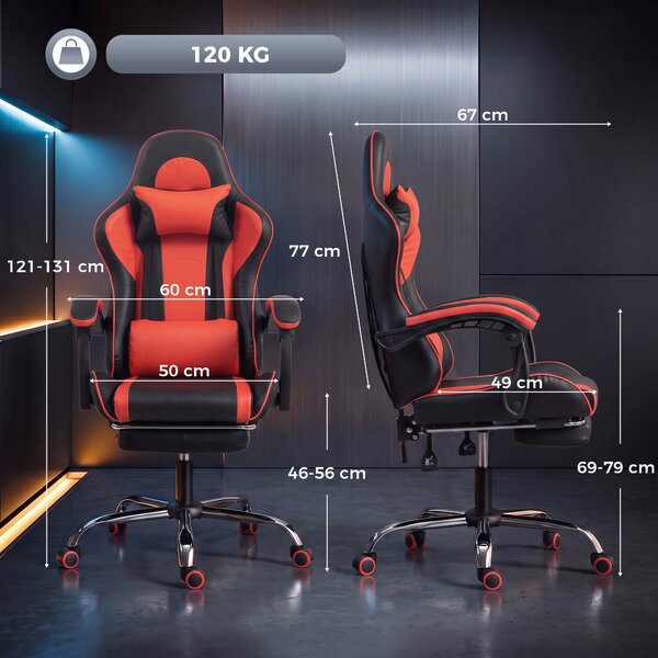 HOMCOM Scaun Gaming Ergonomic cu Masaj, Suport Lombar Reglabil, Piele Ecologică, Suport pentru Picioare, Roșu | Aosom Romania