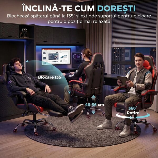 HOMCOM Scaun Gaming Ergonomic cu Masaj, Suport Lombar Reglabil, Piele Ecologică, Suport pentru Picioare, Roșu | Aosom Romania