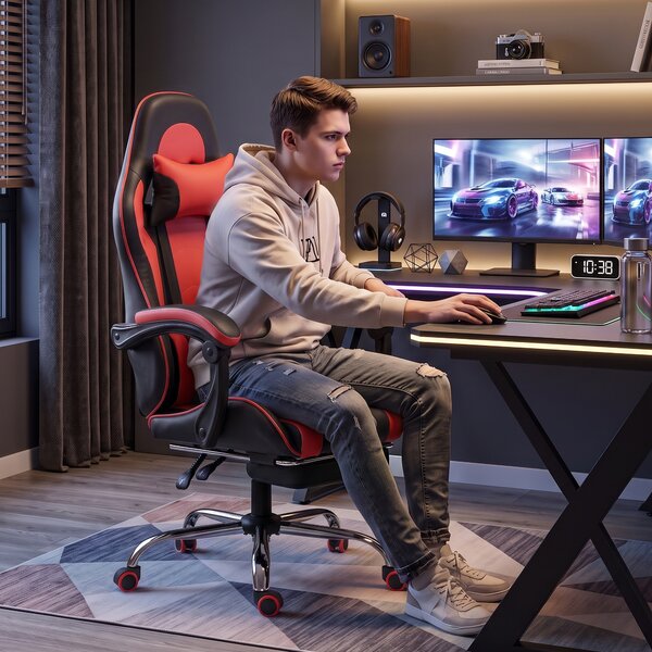 HOMCOM Scaun Gaming Ergonomic cu Masaj, Suport Lombar Reglabil, Piele Ecologică, Suport pentru Picioare, Roșu | Aosom Romania