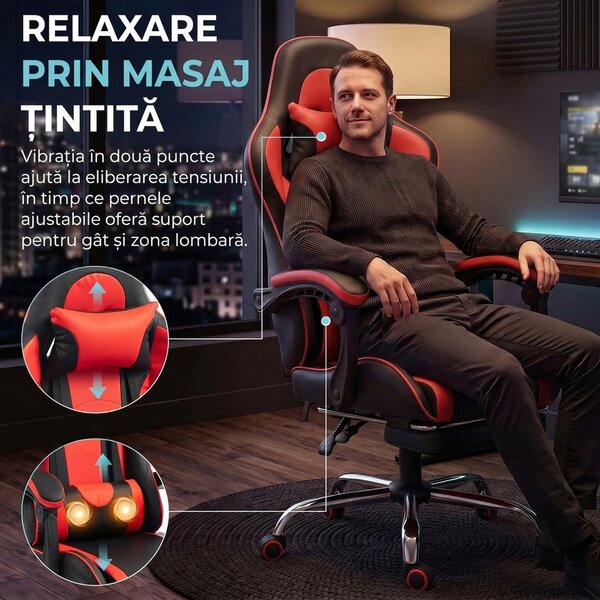 HOMCOM Scaun Gaming Ergonomic cu Masaj, Suport Lombar Reglabil, Piele Ecologică, Suport pentru Picioare, Roșu | Aosom Romania