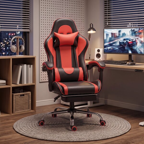 HOMCOM Scaun Gaming Ergonomic cu Masaj, Suport Lombar Reglabil, Piele Ecologică, Suport pentru Picioare, Roșu | Aosom Romania