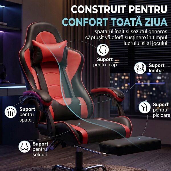 HOMCOM Scaun Gaming Ergonomic cu Masaj, Suport Lombar Reglabil, Piele Ecologică, Suport pentru Picioare, Roșu | Aosom Romania