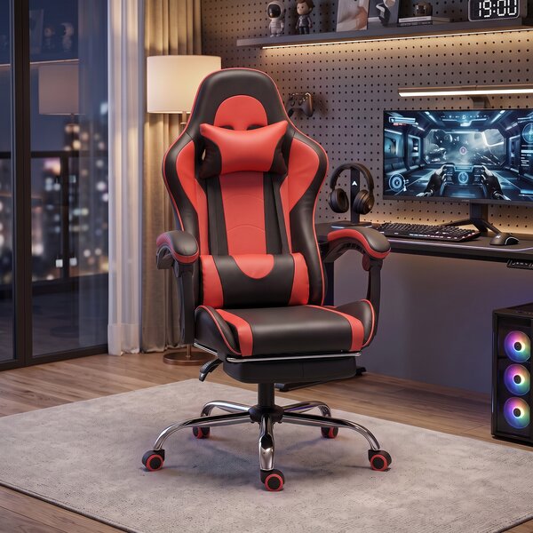 HOMCOM Scaun Gaming Ergonomic cu Masaj, Suport Lombar Reglabil, Piele Ecologică, Suport pentru Picioare, Roșu | Aosom Romania